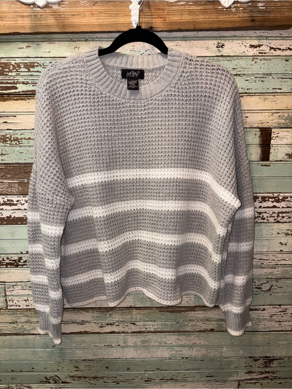 Just Polly Gray & White Striped Waffle-Knit Crewneck Sweater